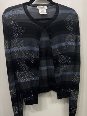 Dior SheerStriped Knit Cardigan beaded Black & Gray with design detail size 4